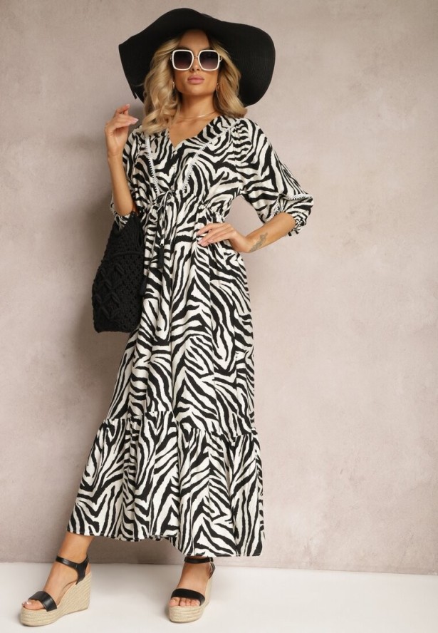 Czarno-Biała Sukienka z Wiskozy i Bawełny Ozdobiona Falbaną i Sznurkiem w Pasie Vantia