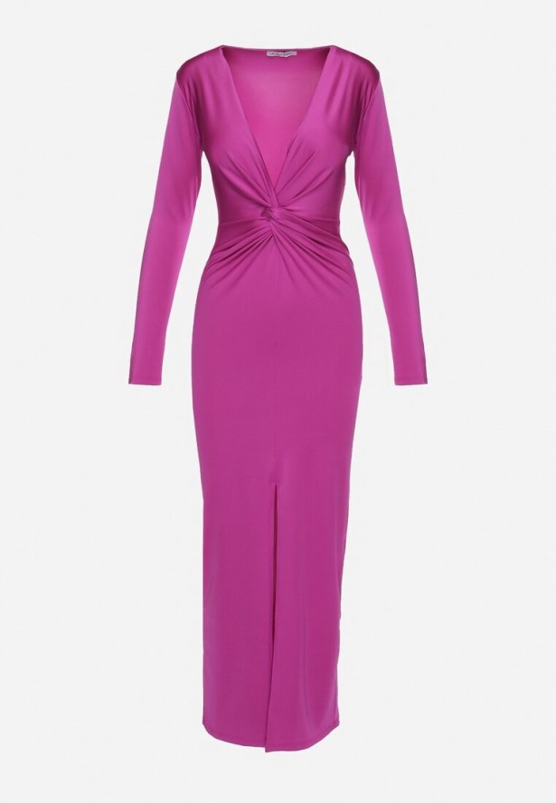 Fioletowa Sukienka Koktajlowa z Ozdobnym Supełkiem i Rozcięciem Tefeti