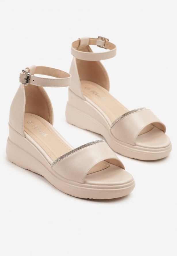 Beżowe Sandały na Koturnie z Cyrkoniami Tiarelle