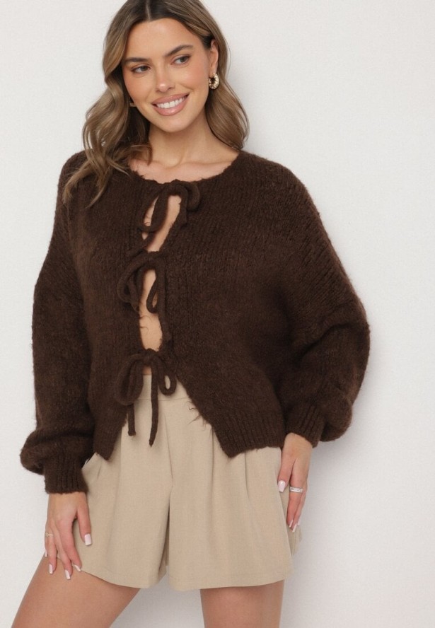 Brązowy Kardigan Oversize z Wełną Zdobiony Kokardkami Eleathalie