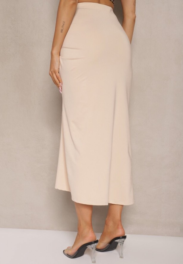 Beżowa Spódnica z Wiskozą High Waist Marszczeniem i Wiązaniem Tesainea