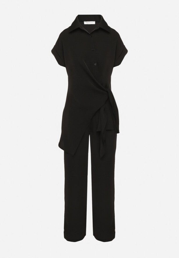 Czarny Komplet Koszula z Asymetrycznym Wiązaniem i Szerokie Spodnie Filivara
