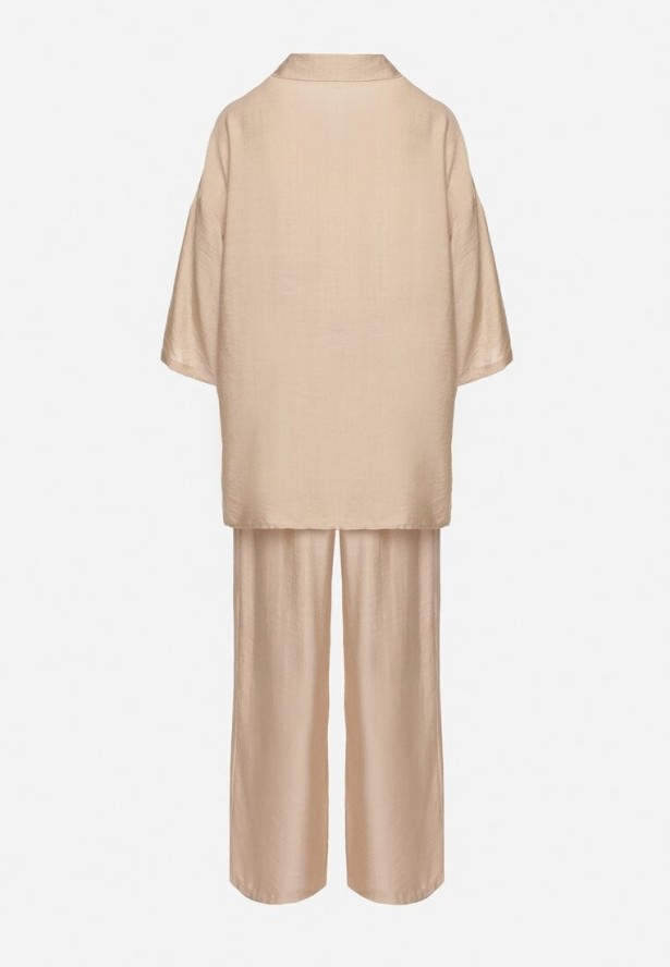Beżowy Komplet z Wiskozy Koszula z Podpinanymi Rękawami i Szerokie Spodnie Dormoi