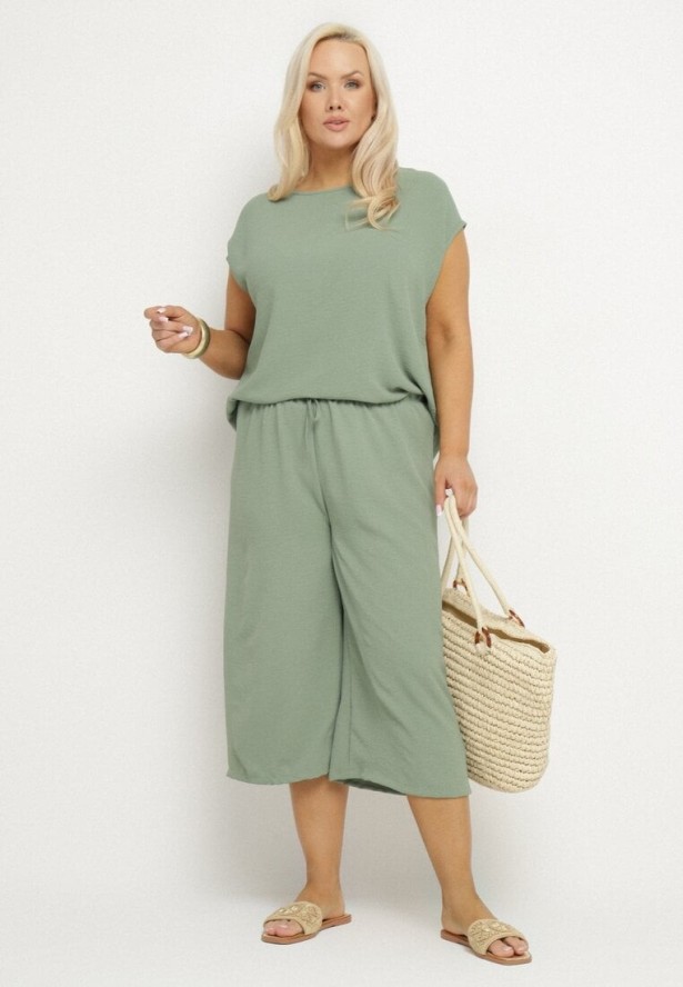 Jasnozielony Komplet Bluzka i Szerokie Spodnie Jenoretia