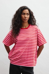 Klasyczny Tshirt w paski CZERWONO RÓŻOWE - DUAL-M/L