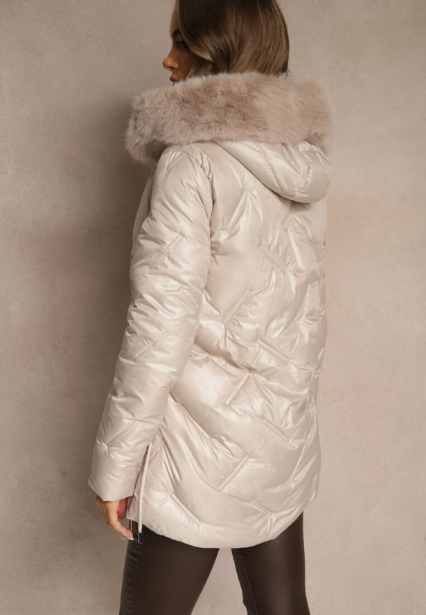 Beżowa Kurtka z Ozdobnym Pikowaniem i Kapturem z Futrem Naliavea