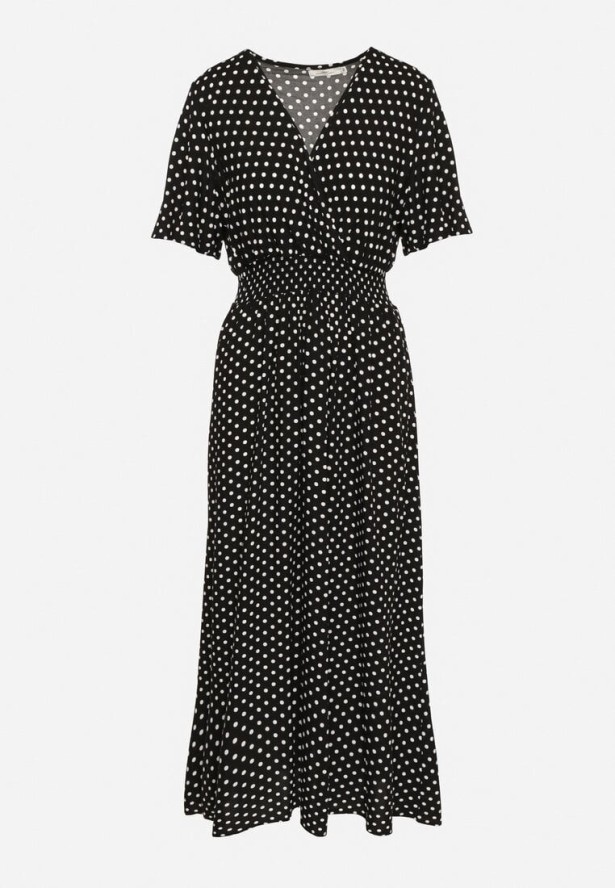 Czarna Kopertowa Sukienka z Bawełną w Kropki Ldivila