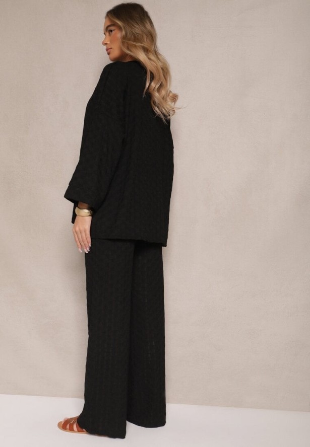 Czarny Komplet ze Spodniami o Szerokim Kroju i Bluzką z Długim Rękawem Caniffia