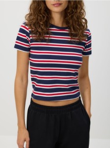 Krótki t-shirt w paski - granatowy