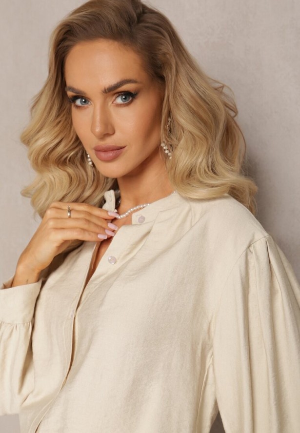 Beżowa Koszula Zapinana z Plisowanym Rękawem Marela