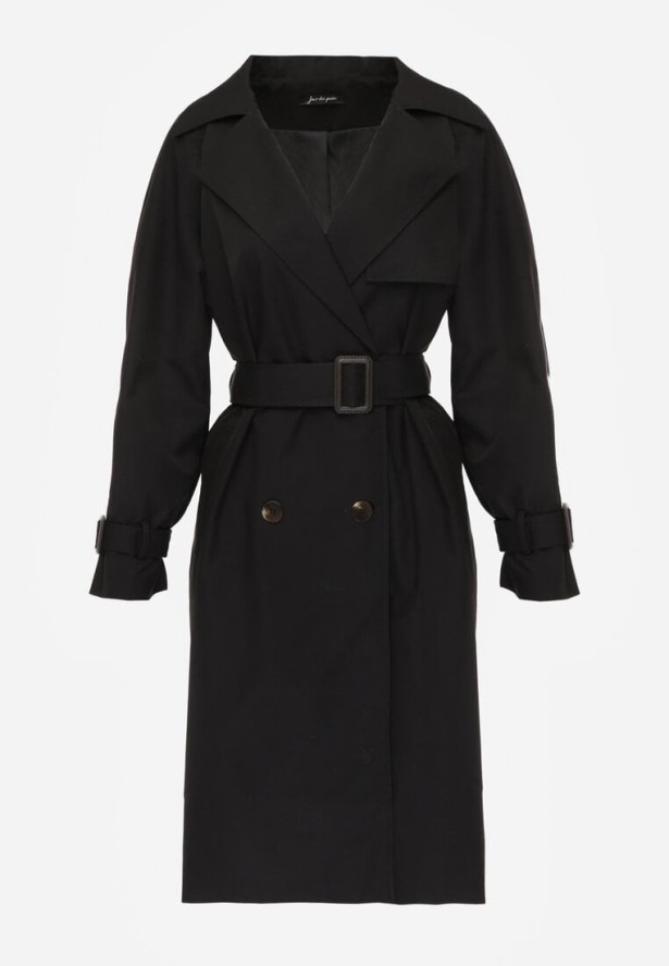Czarny Dwurzędowy Płaszcz Trencz z Paskiem Ninnolia