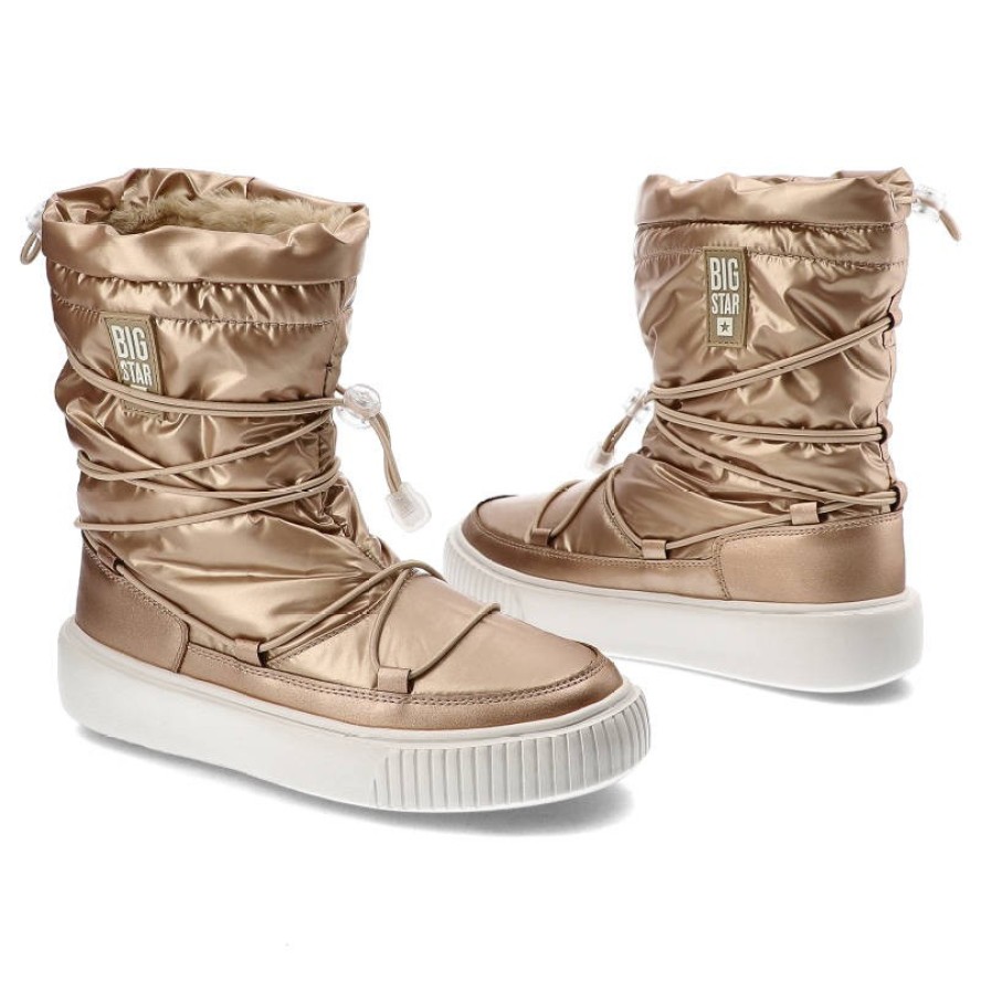 Śniegowce damskie Big Star, z połączenia materiału tekstylnego i syntetycznego z pikowaną metaliczną cholewką regulowanym sznurowaniem, beżowe, KK274