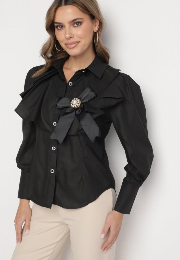 Czarna Koszula Zapinana na Ozdobne Guziki z Kokardką Olliana