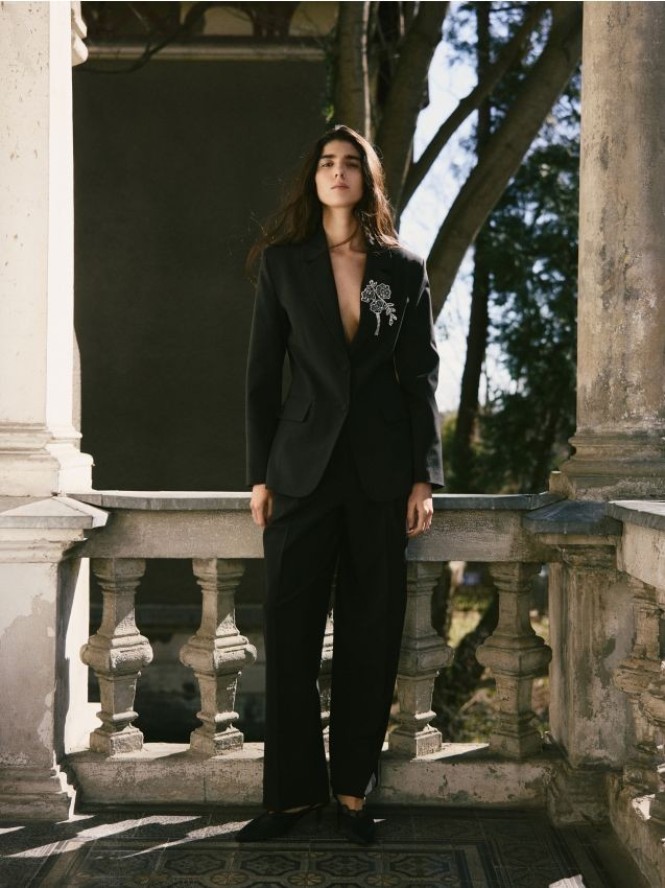 Garniturowe spodnie z wełną - czarny