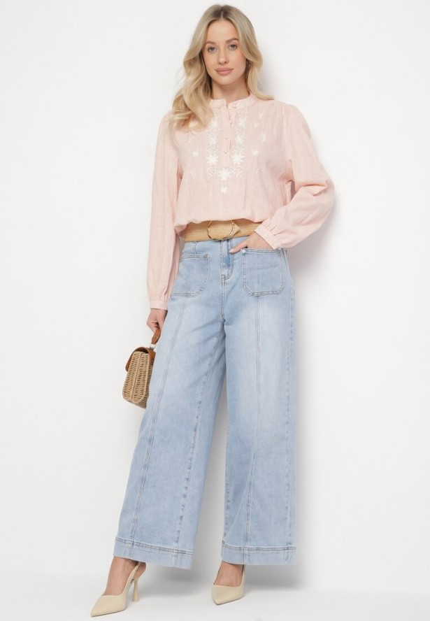 Różowa Koszula z Bawełny ze Stójką i Guzikami Zdobiona Haftem Gonithiel