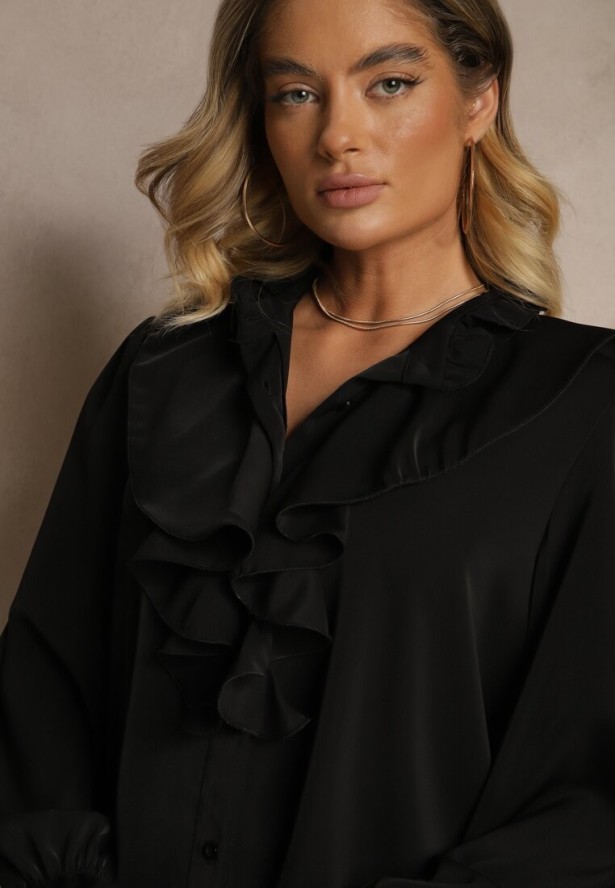 Czarna Koszula z Ozdobnymi Falbankami Jeneviella