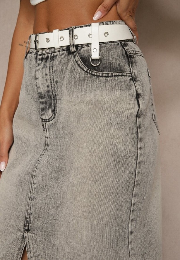 Ciemnoszara Spódnica Jeansowa o Ołówkowym Kroju Zdobiona Rozcięciem Lisovira