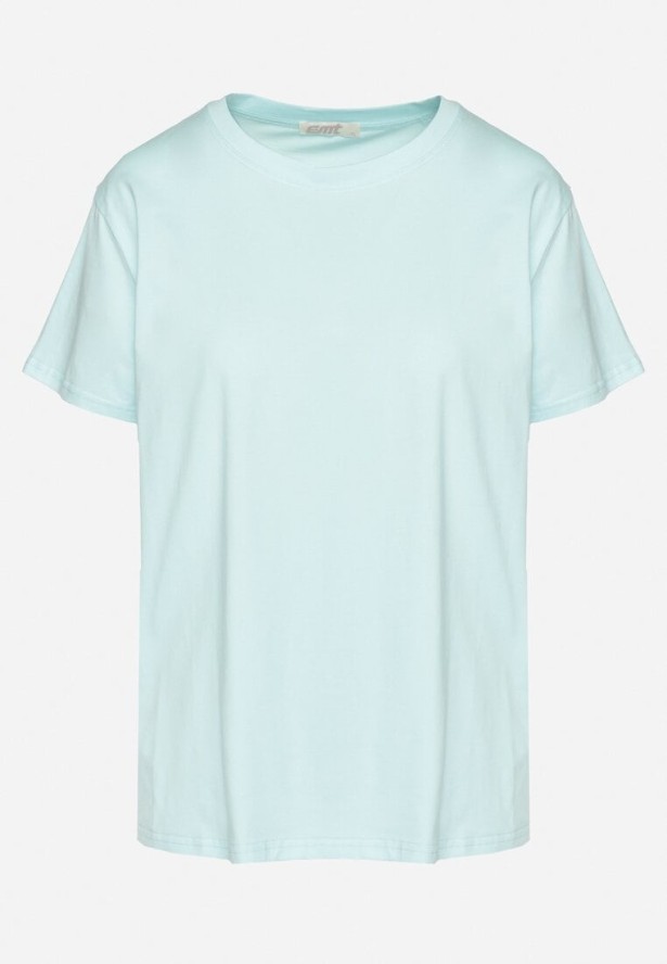 Jasnoniebieski Gładki T-shirt z Bawełny o Klasycznym Kroju Natime