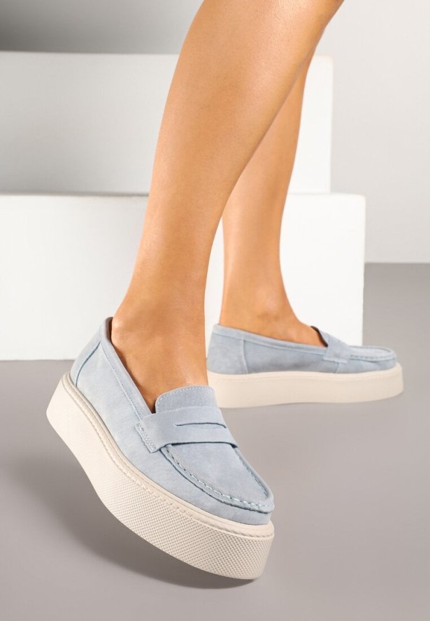 Jasnoniebieskie Mokasyny Skórzane na Platformie w Stylu Półbutów Sadawene