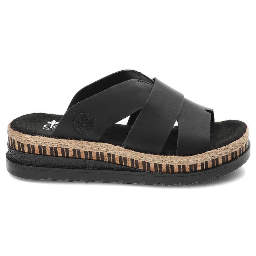 Czarne Klapki Rieker Wygodne Buty Na Platformie