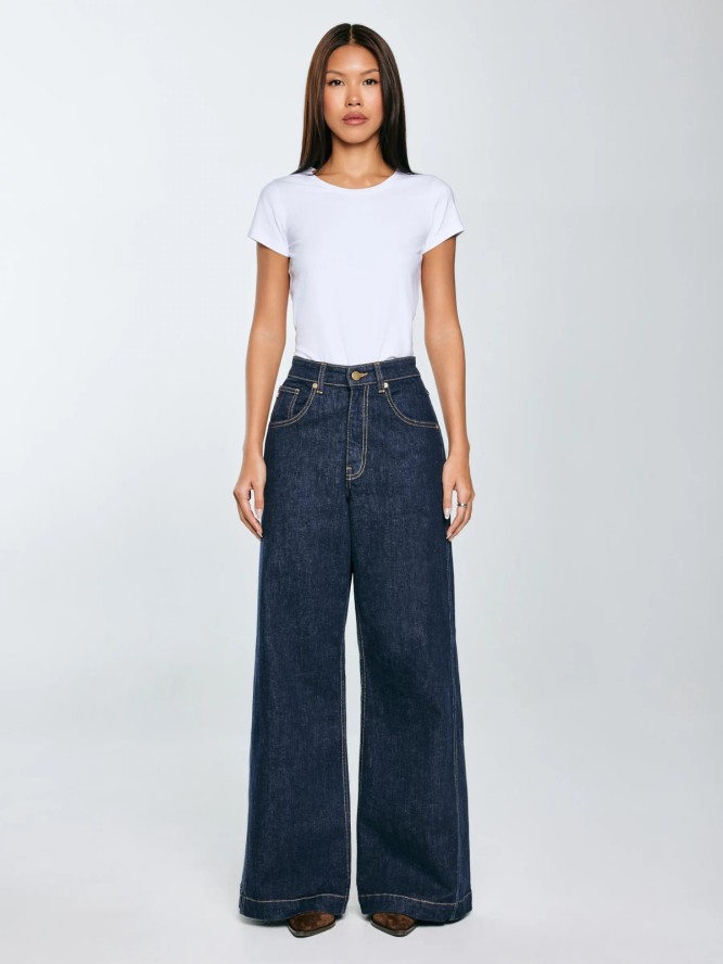 Jeansy damskie z szeroką nogawką granatowe Barb 657