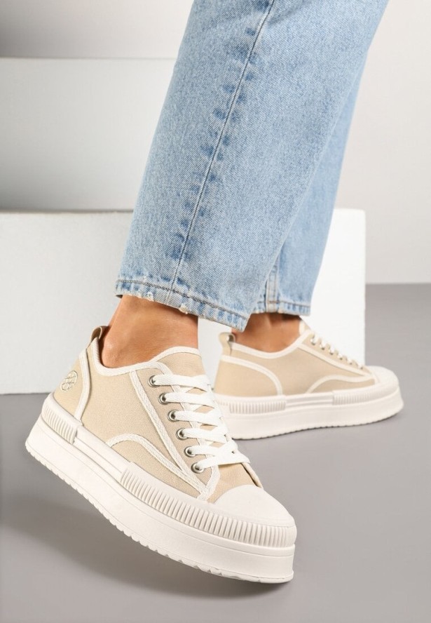 Ciemnobeżowe Trampki na Grubej Podeszwie Ozdobione Metaliczną Aplikacją Efadelis