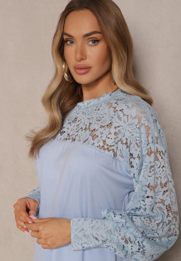 Niebieska Bluzka z Wiskozą z Koronką Eviriva