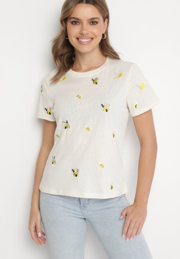 Beżowy T-shirt z Bawełny Ozdobiony Haftem Hiraviel