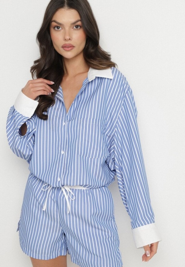 Niebieska Koszula w Paski z Kontrastowymi Mankietami i Kołnierzykiem Zarona