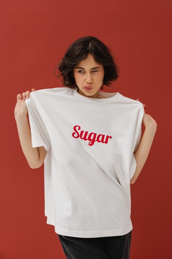T-shirt z NADRUKIEM w kolorze ECRU - EAZY - SUGAR -XS/S
