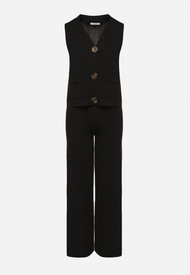 Czarny Komplet Dzianinowy z Kamizelką i Szerokimi Spodniami Weorina