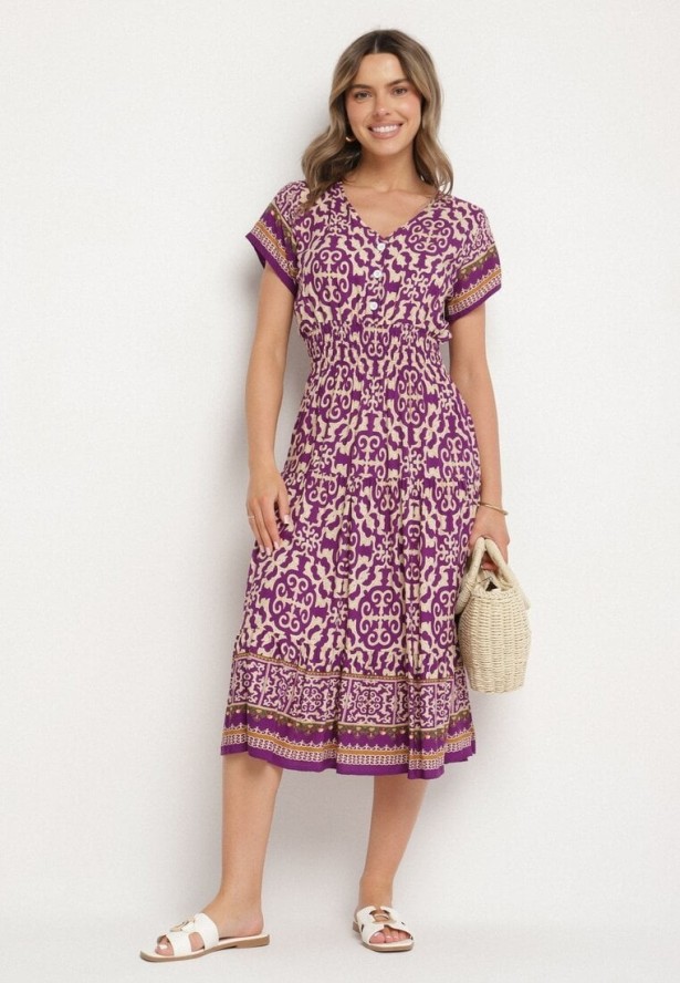 Ciemnofioletowa Bawełniana Sukienka z Gumką w Talii i Guzikami Natiflione