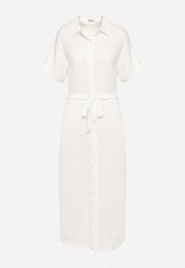 Biała Sukienka Wiskozowa o Luźnym Koszulowym Kroju Wiązana w Talii Rionella