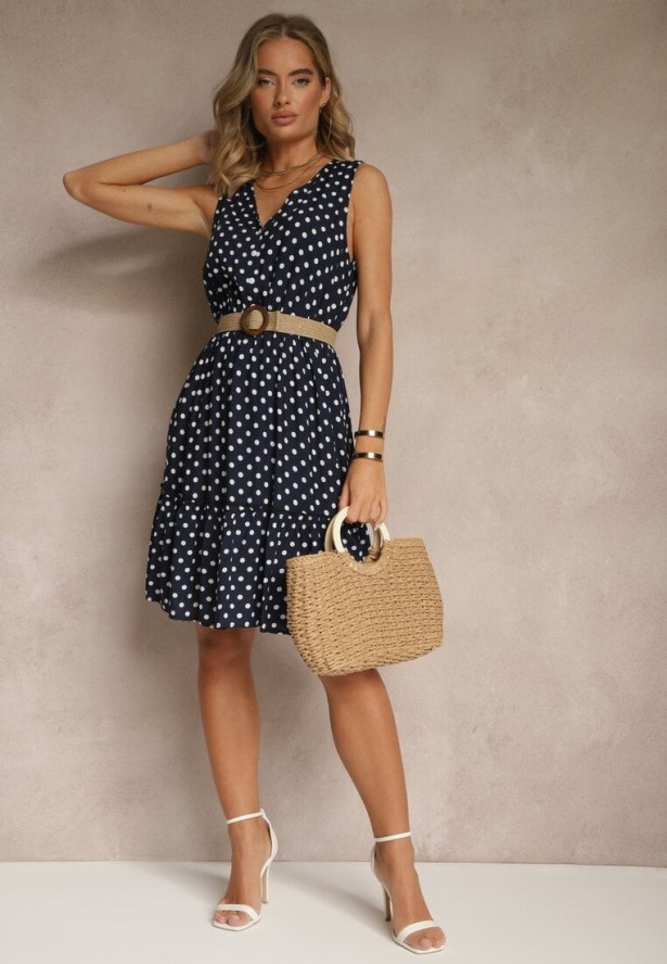 Granatowa Rozkloszowana Sukienka z Bawełną i Wiskozą ze Wzorem Kropek Lilamora