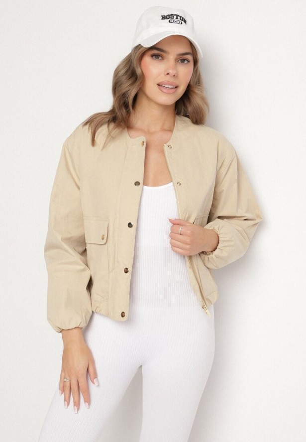 Beżowa Kurtka Koszulowa Bomberka na Napy Ronieva