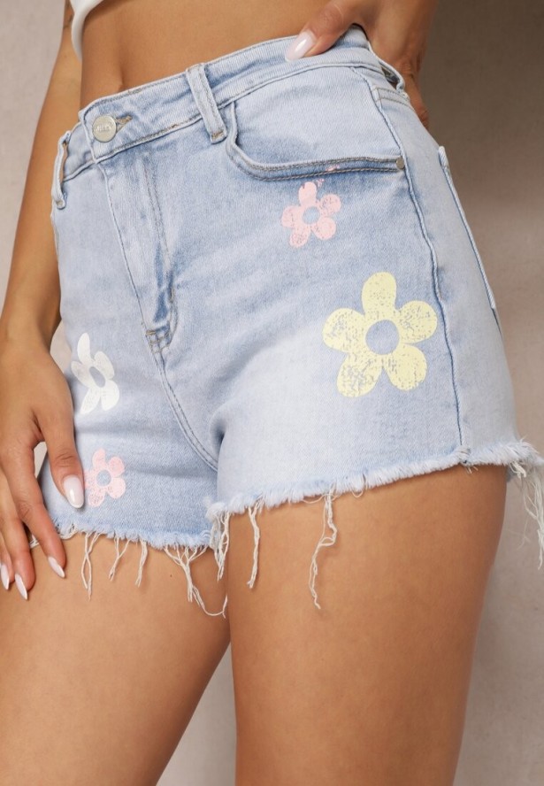 Niebieskie Jeansowe Szorty High Waist z Printem w Kwiaty Vikisias