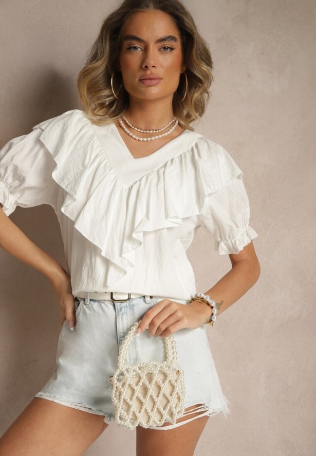 Biała Bluzka z Wiskozą Ozdobiona Falbankami Fadelena