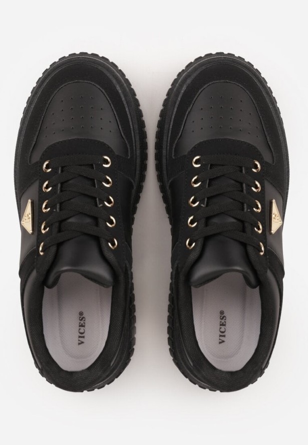 Czarne Chunky Sneakersy z Trójkątną Aplikacją VICES na Platformie Cezaline