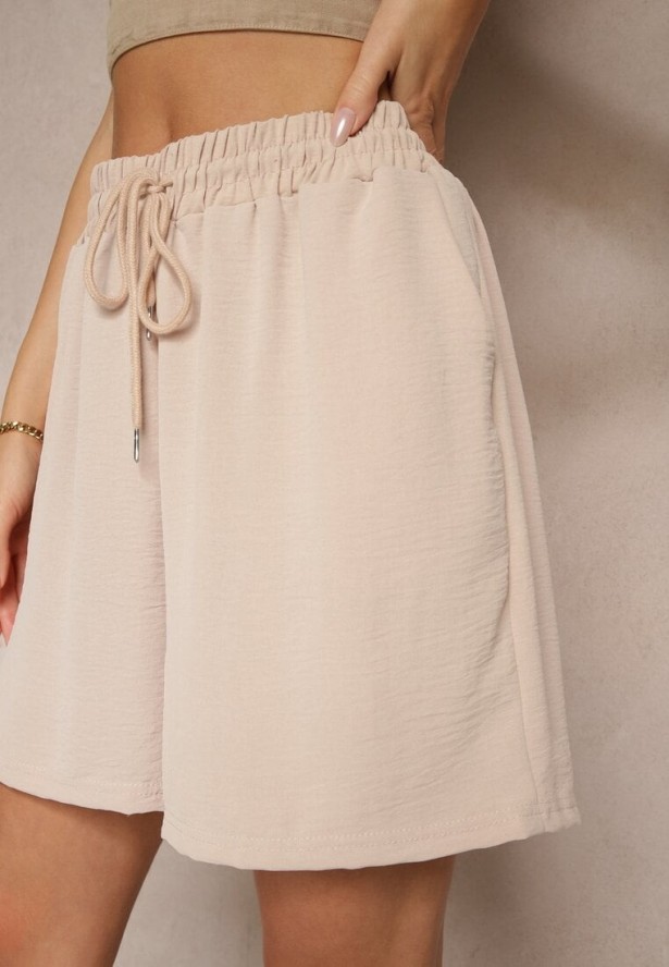 Beżowe Szorty z Wiskozą High Waist Puvione