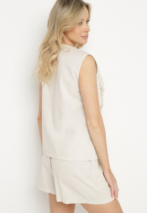 Jasnobeżowy Komplet z Wiskozy Szorty i Bluzka na Guziki z Kieszeniami Alaniella