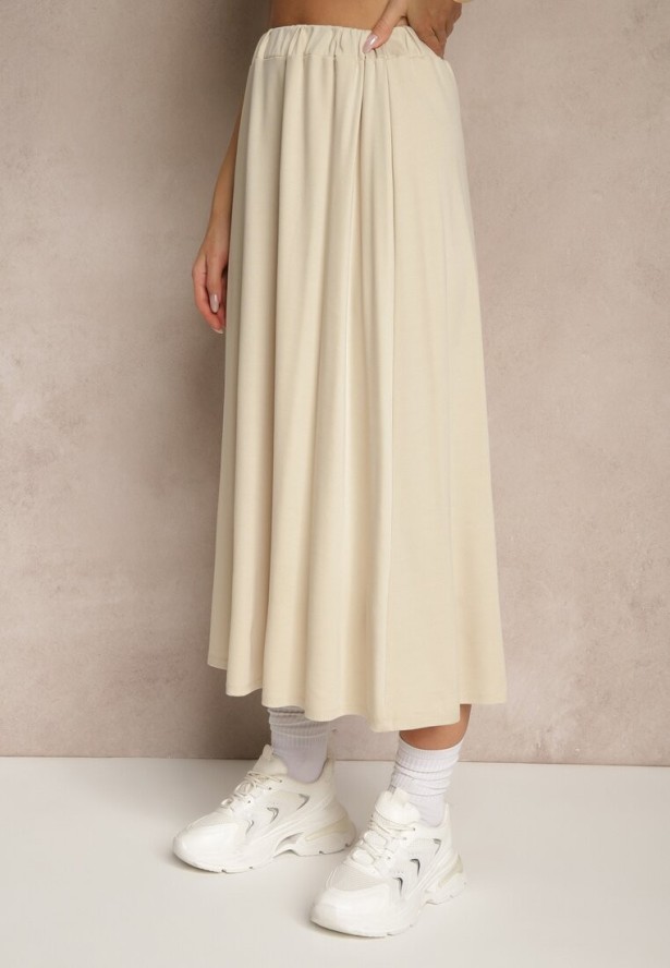 Beżowy Komplet z Wiskozą Spódnica i Bluzka Zdobiona Wiązaniem w Talii Davisavina