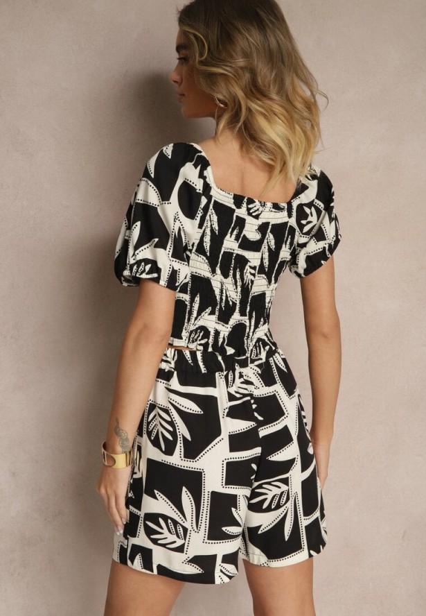 Czarny Wiskozowy Komplet w Roślinny Wzór Szorty i Bluzka Felindera