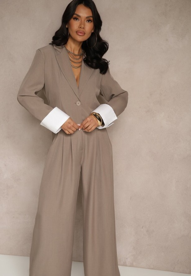 Jasnobrązowy Garniturowy Komplet Marynarka i Spodnie z Kontrastującymi Zdobieniami Davirielle