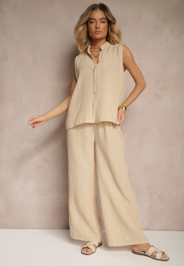 Beżowy Komplet Koszula na Guziki bez Rękawów i Szerokie Spodnie Telaritia