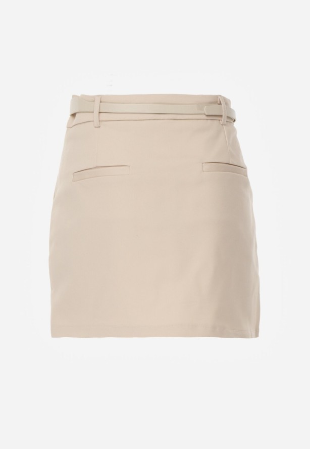 Beżowa Ołówkowa Spódnica z Bawełną z Paskiem i Podszewką Typu Szorty Vikisola