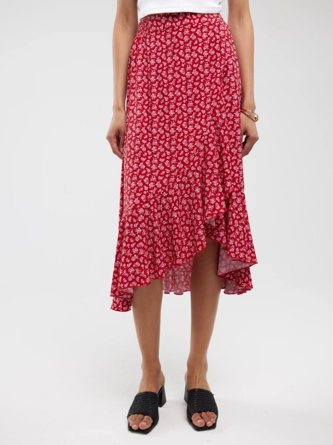 Spódnica damska midi z wiskozy z falbaną czerwona Tyla 603