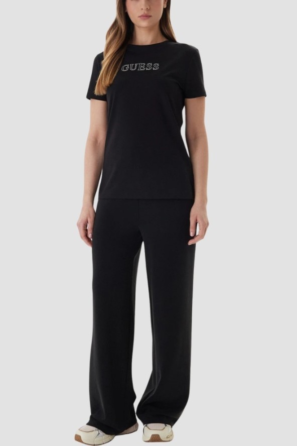 GUESS Czarny damski t-shirt na krótki rękaw z cyrkoniami Briana, Rozmiar L