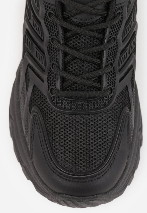 Czarne Sneakersy na Grubej Nieregularnej Podeszwie z Przeszyciami Hatila