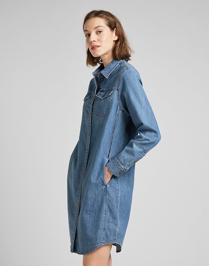 LEE SHIRT DRESS DAMSKA SUKIENKA JEANSOWA DŻINS MID STONE L50DPLVK 112145226