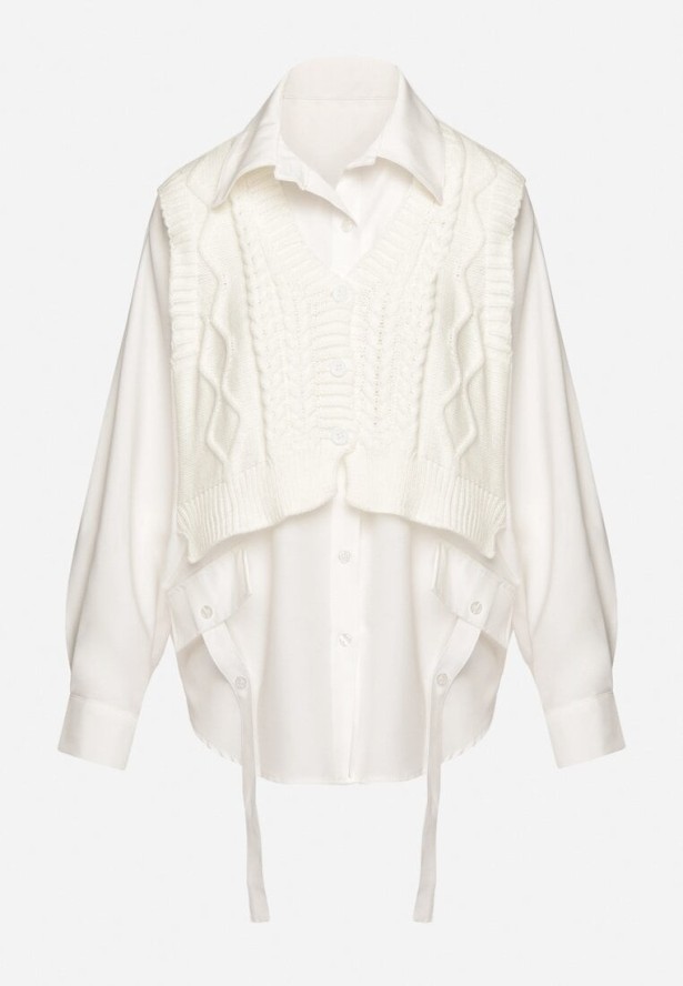 Jasnobeżowa Koszula o Nietoperzowym Kroju z Naszytą Dzianinową Kamizelką Hanorielin